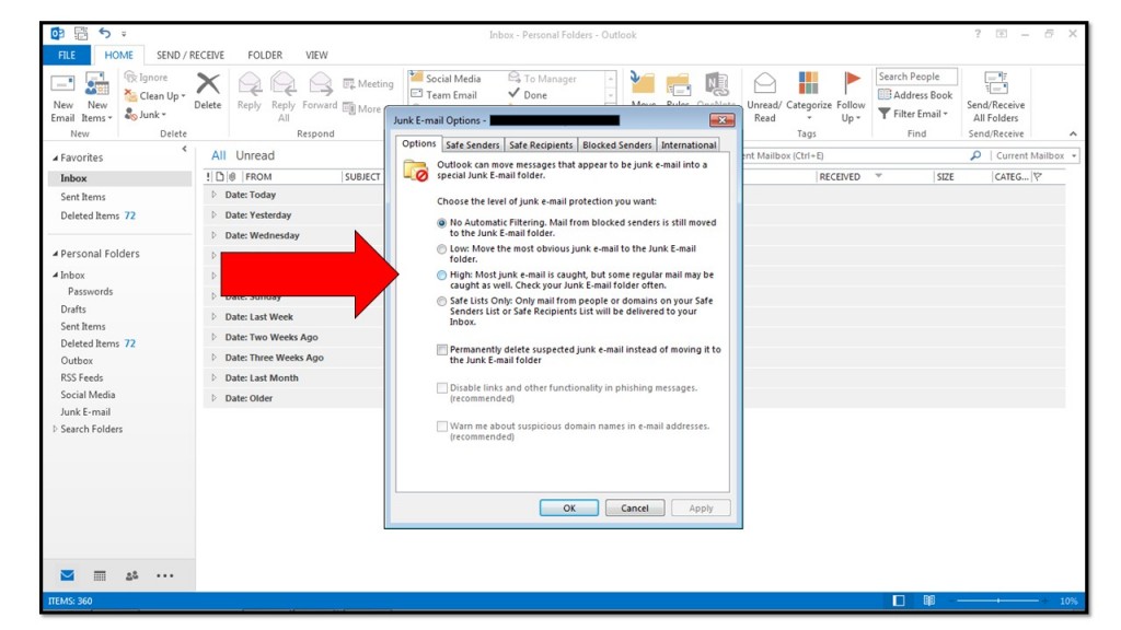 outlook spam settings